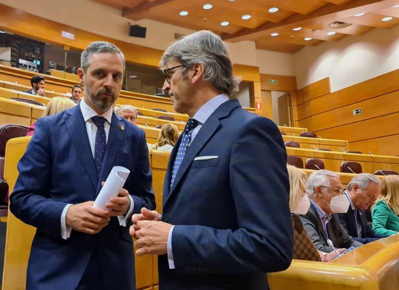 El consejero de Economía, Hacienda y Administración Digital, Luis Alberto Marín, conversa con su homólogo andaluz, Juan Bravo, instantes antes de comenzar la sesión del Senado